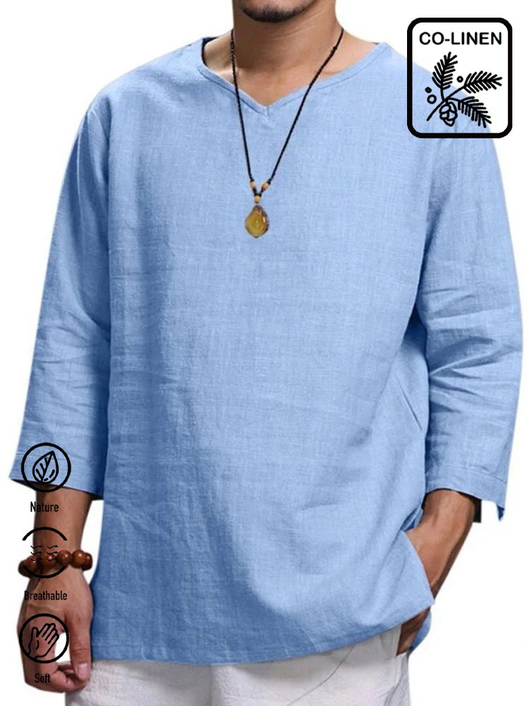 Men's Long Sleeve V-Neck Cotton Linen Loose Shirt