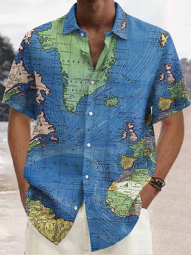 Cotton Linen Navigation Map Retro Men's Plus Size Shirt