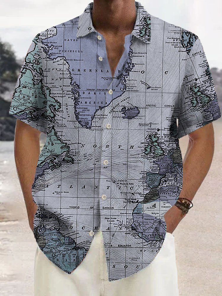 Cotton Linen Navigation Map Retro Men's Plus Size Shirt