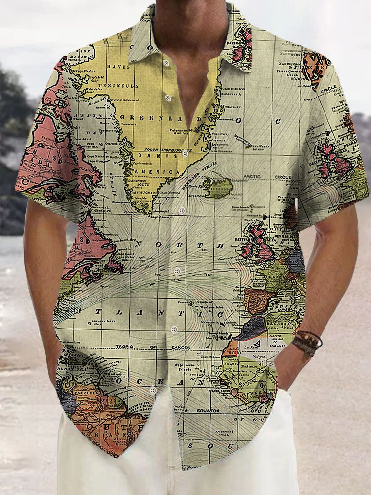 Cotton Linen Navigation Map Retro Men's Plus Size Shirt