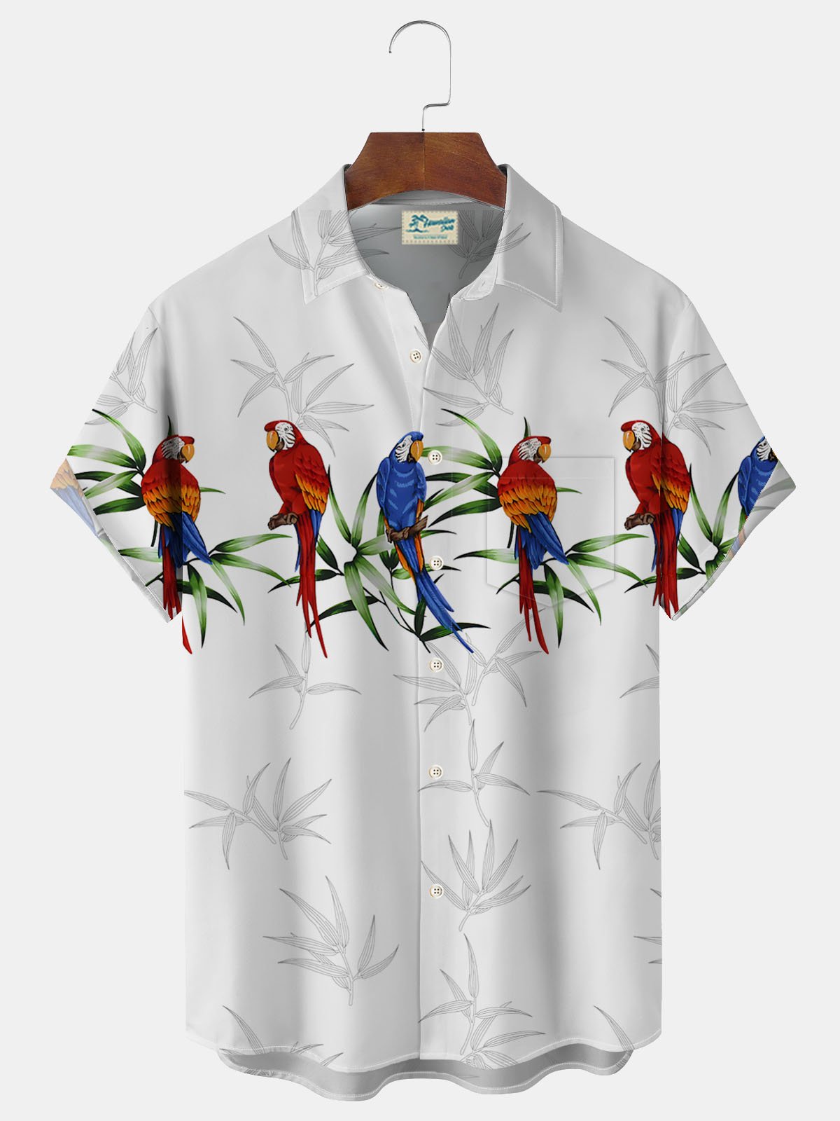 JoyMitty Hawaiian Parrot Leaf Print Men's Button Down Pocket Shirt