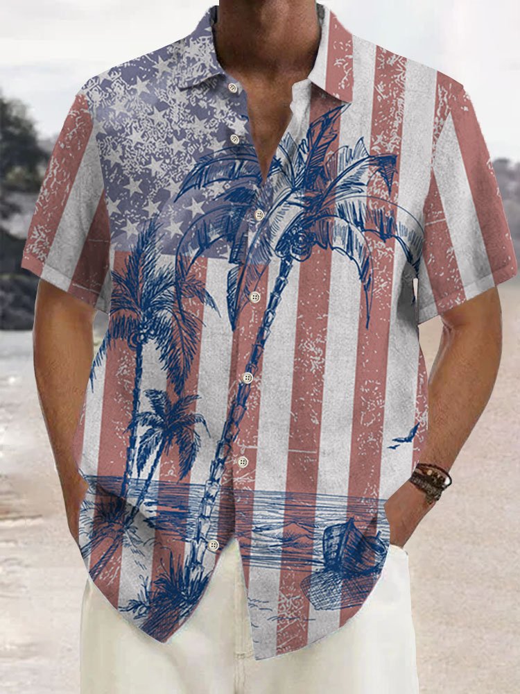  Vintage Cotton American Flag Coconut Tree Print Breast Pocket Shirt Plus Size Shirt