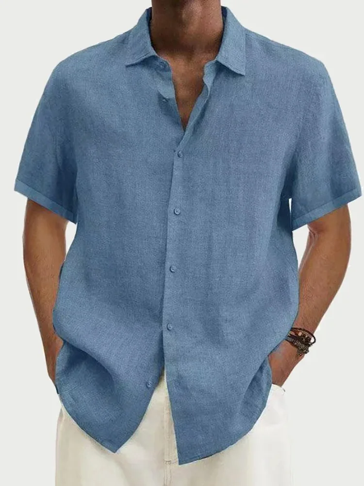 Men's Solid Color Cotton Linen Button Short Sleeve Shirt