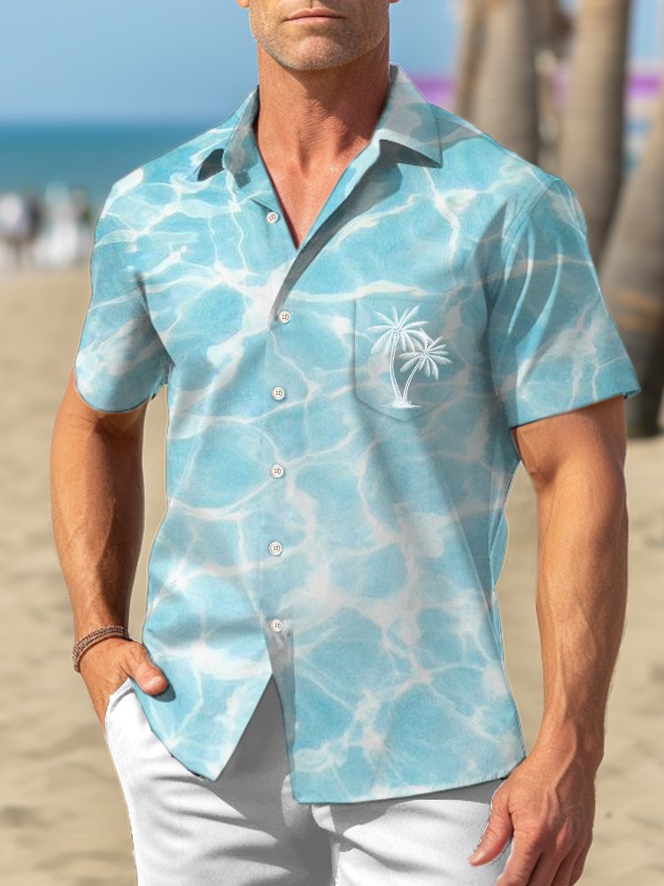 Water Ripple Print Beach Men's Hawaiian Oversized Shirt with Pockets Wrinkle Free Shirt