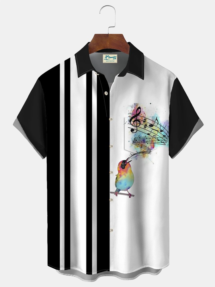 Men's Music Bird Watercolor Print Casual Short Sleeve Hawaiian Shirt