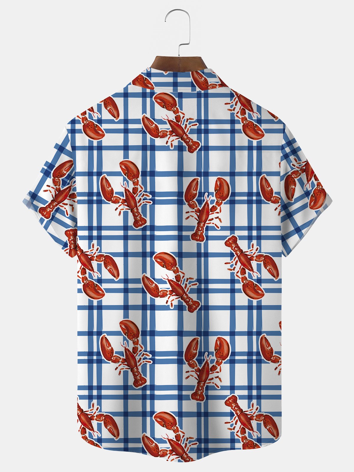 JoyMitty Plaid Lobster Print Beach Men's Hawaiian Oversized Shirt with Pockets