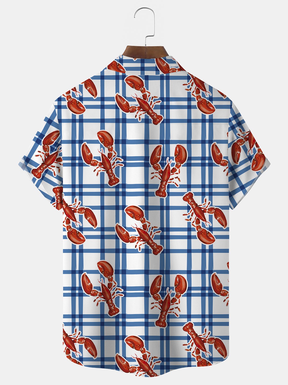 JoyMitty Plaid Lobster Print Beach Men's Hawaiian Oversized Shirt with Pockets