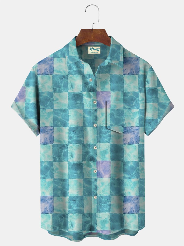 Water Ripple Checkerboard Print Beach Men's Hawaiian Oversized Shirt with Pockets