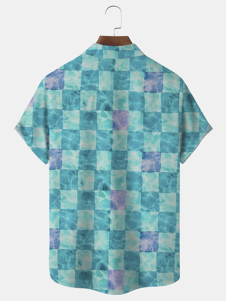 Water Ripple Checkerboard Print Beach Men's Hawaiian Oversized Shirt with Pockets