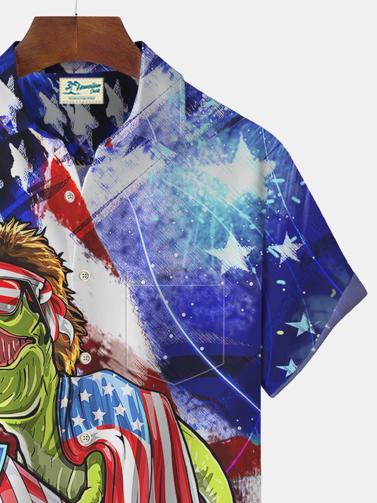 JoyMitty American Flag Dinosaur Print Beach Men's Hawaiian Oversized Short Sleeve Shirt with Pockets