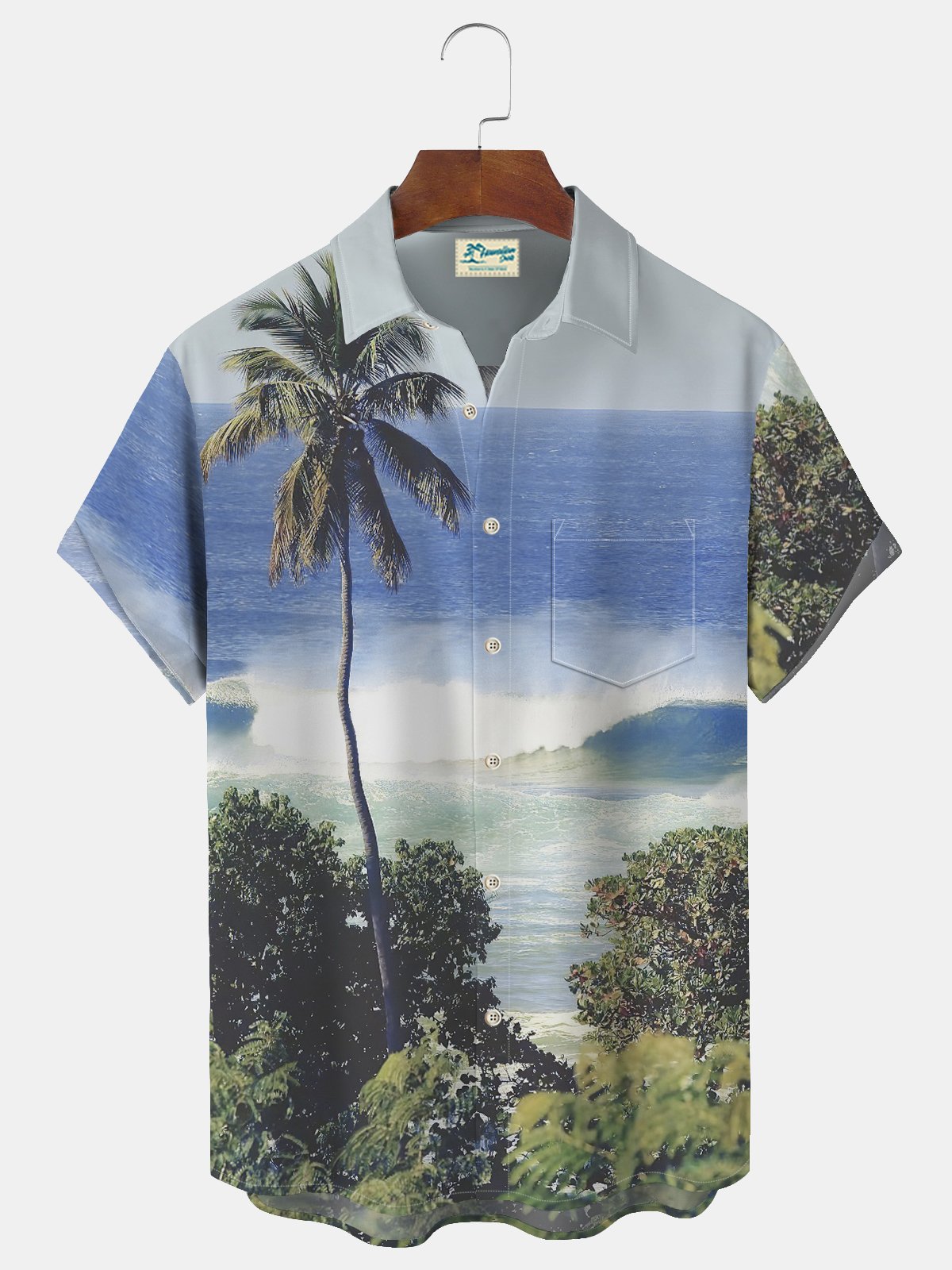 JoyMitty Seaside Coconut Tree Scenery Print Beach Men's Hawaiian Oversized Shirt with Pockets