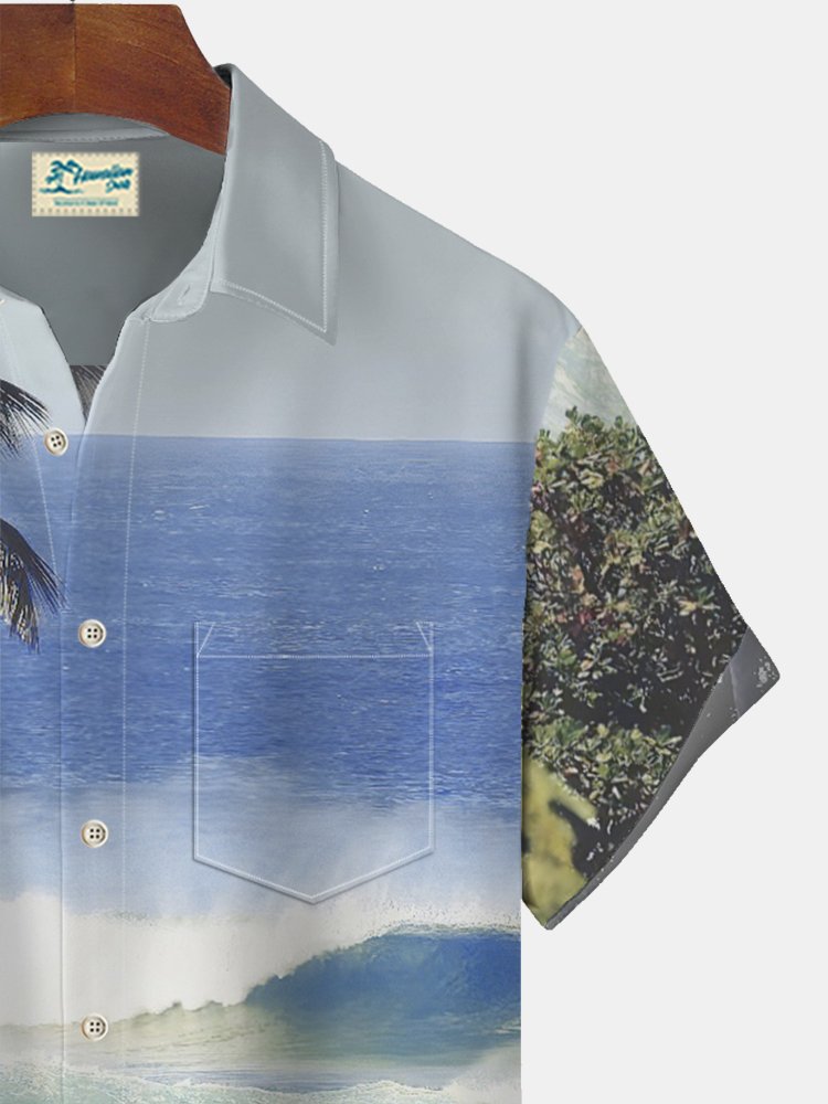JoyMitty Seaside Coconut Tree Scenery Print Beach Men's Hawaiian Oversized Shirt with Pockets