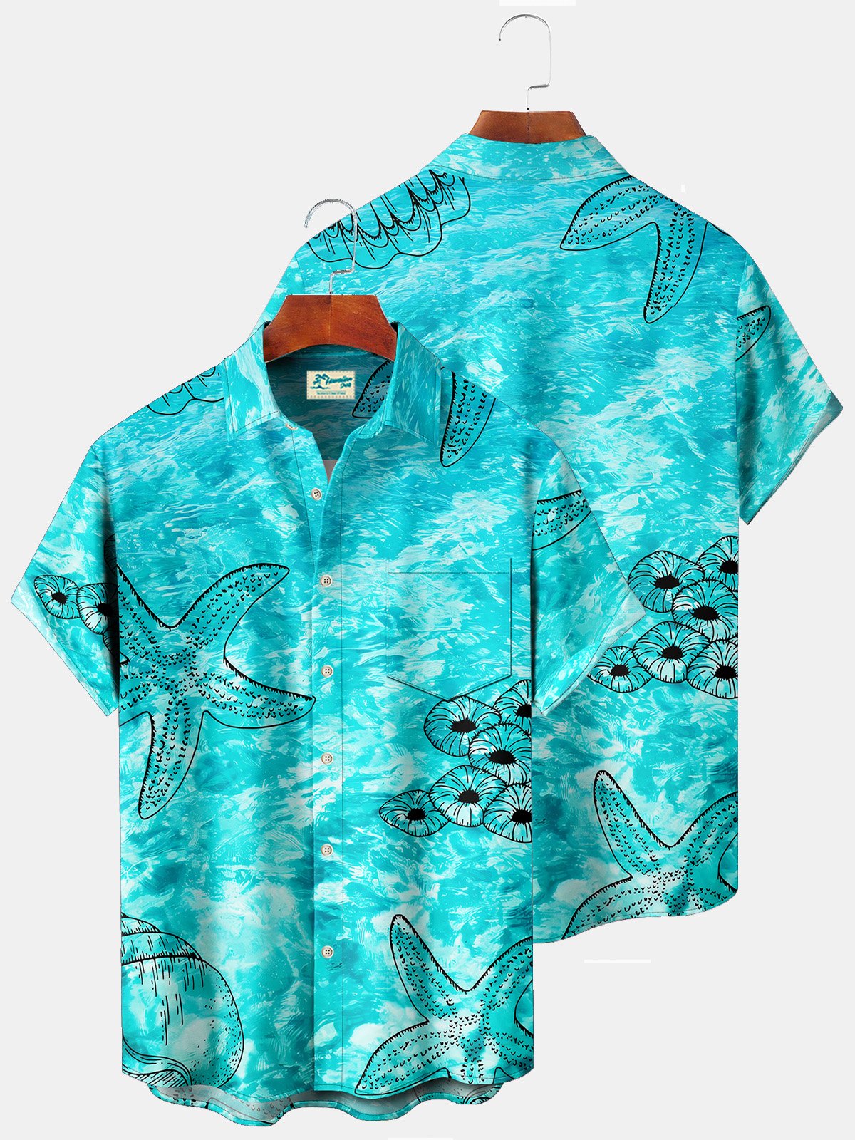 Beach Vacation Light Green Men's Hawaiian Shirts Pool Water Ripple Starfish Art Large Size Aloha Camp Pocket Shirts