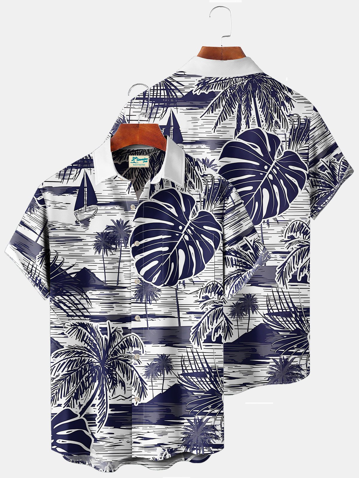 JoyMitty Beach Vacation Men's White Hawaiian Shirts Coconut Tree Island Art Stretch Plus Size Aloha Camp Pocket Shirts