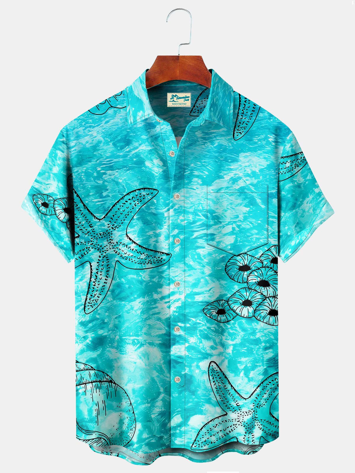 Beach Vacation Light Green Men's Hawaiian Shirts Pool Water Ripple Starfish Art Large Size Aloha Camp Pocket Shirts