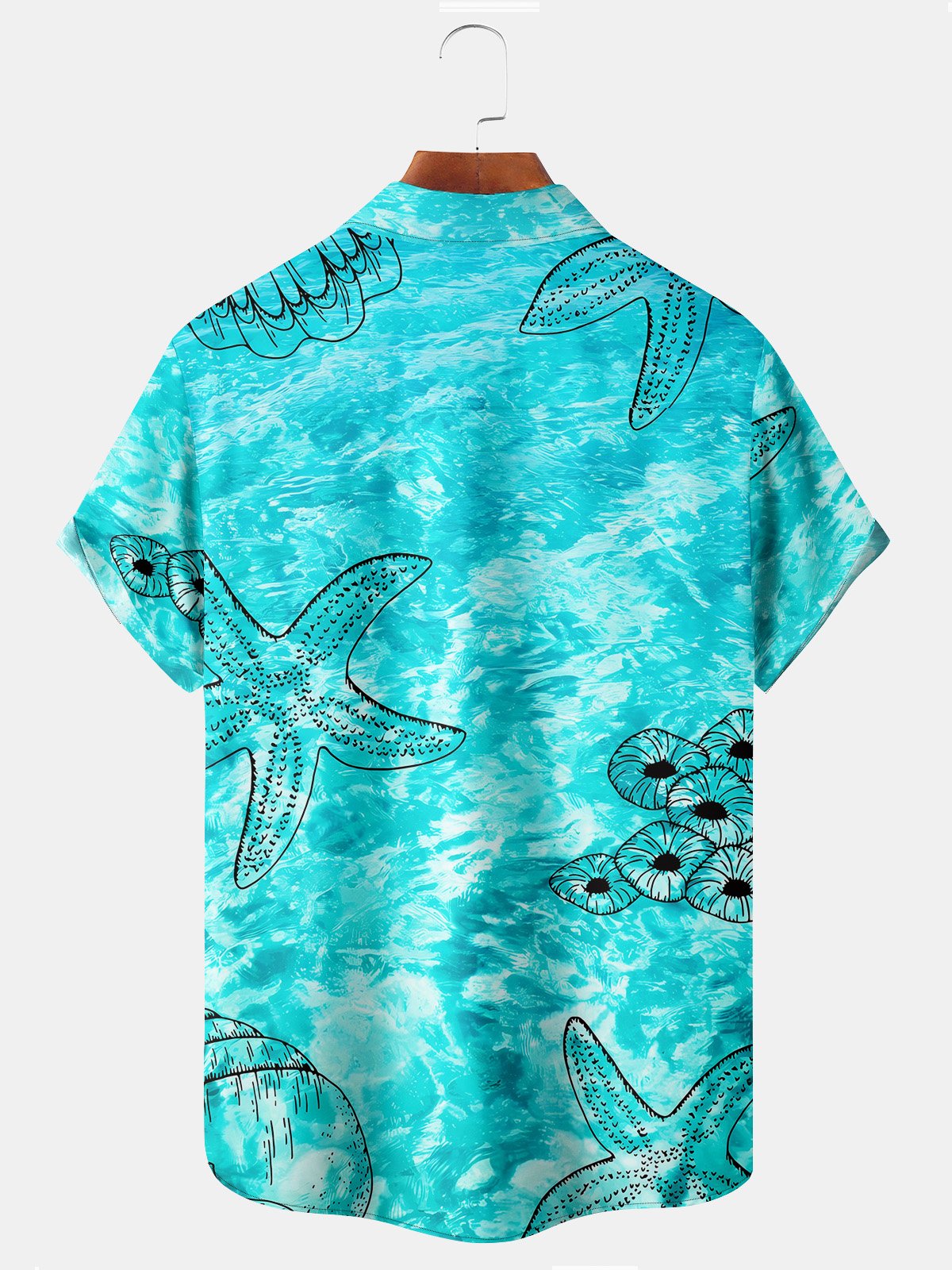 Beach Vacation Light Green Men's Hawaiian Shirts Pool Water Ripple Starfish Art Large Size Aloha Camp Pocket Shirts