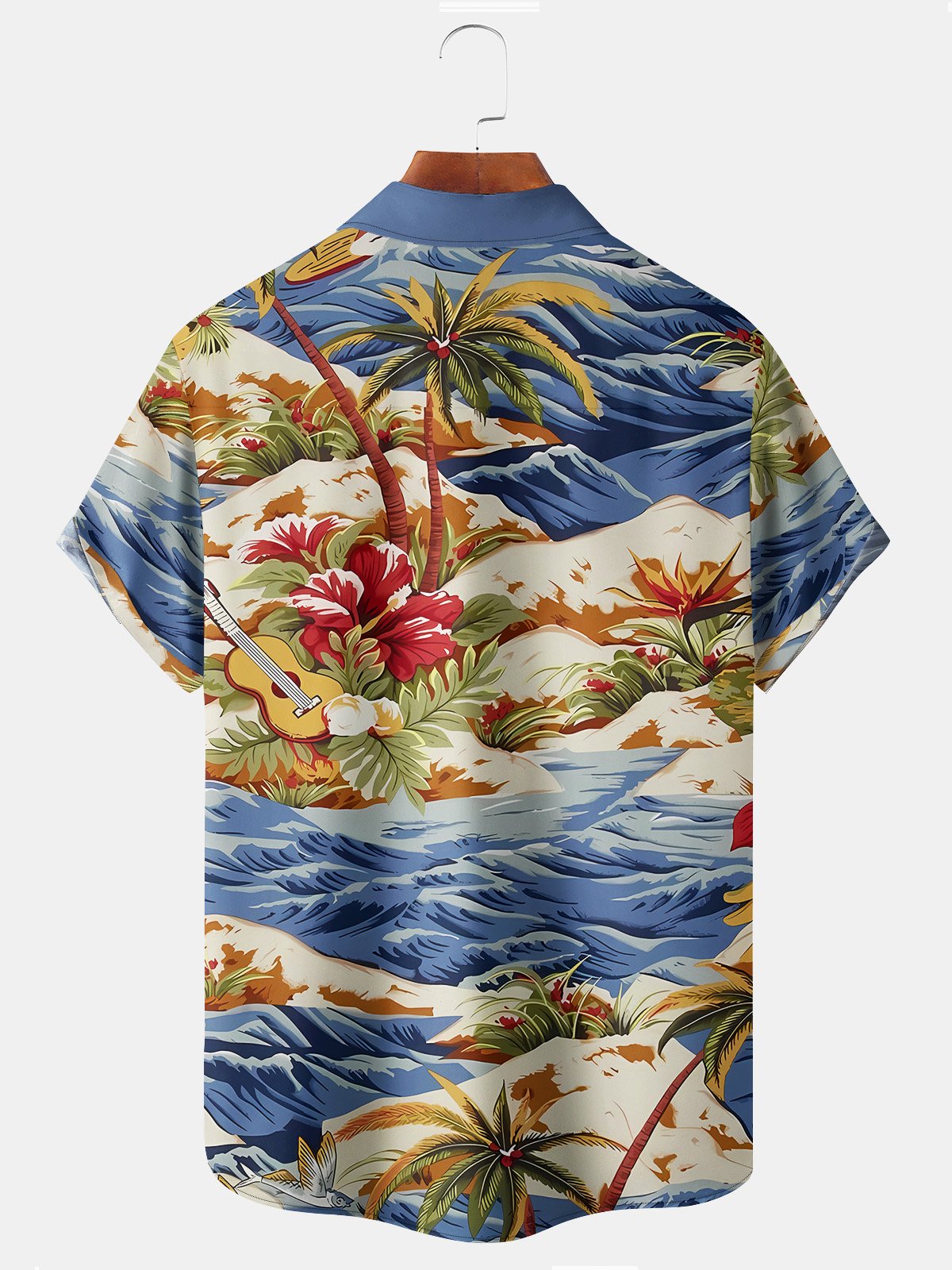 Beach Vacation Blue Men's Hawaiian Shirts Island Music Coconut Tree Guitar Cartoon Ocean Wave Art Plus Size Aloha Camp Pocket Shirts