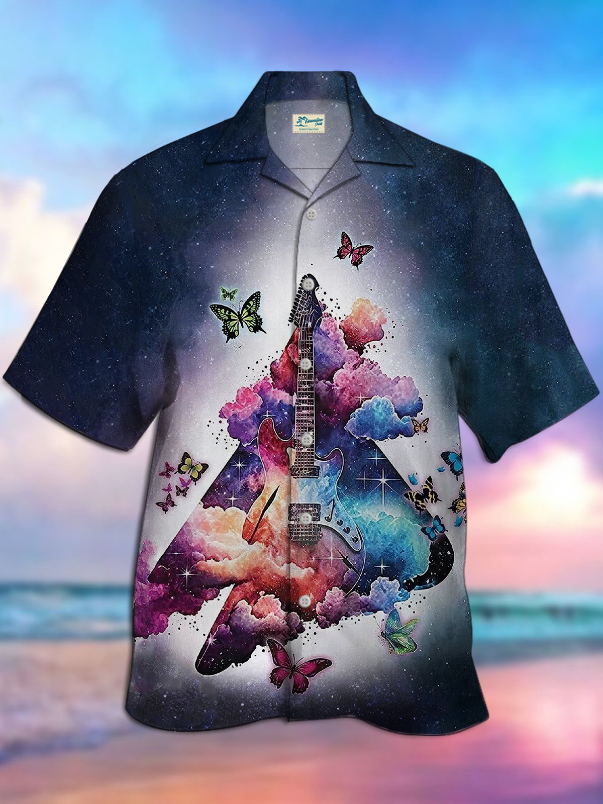 JoyMitty Gradient Guitar Butterfly Print Beach Men's Hawaiian Oversized Shirt