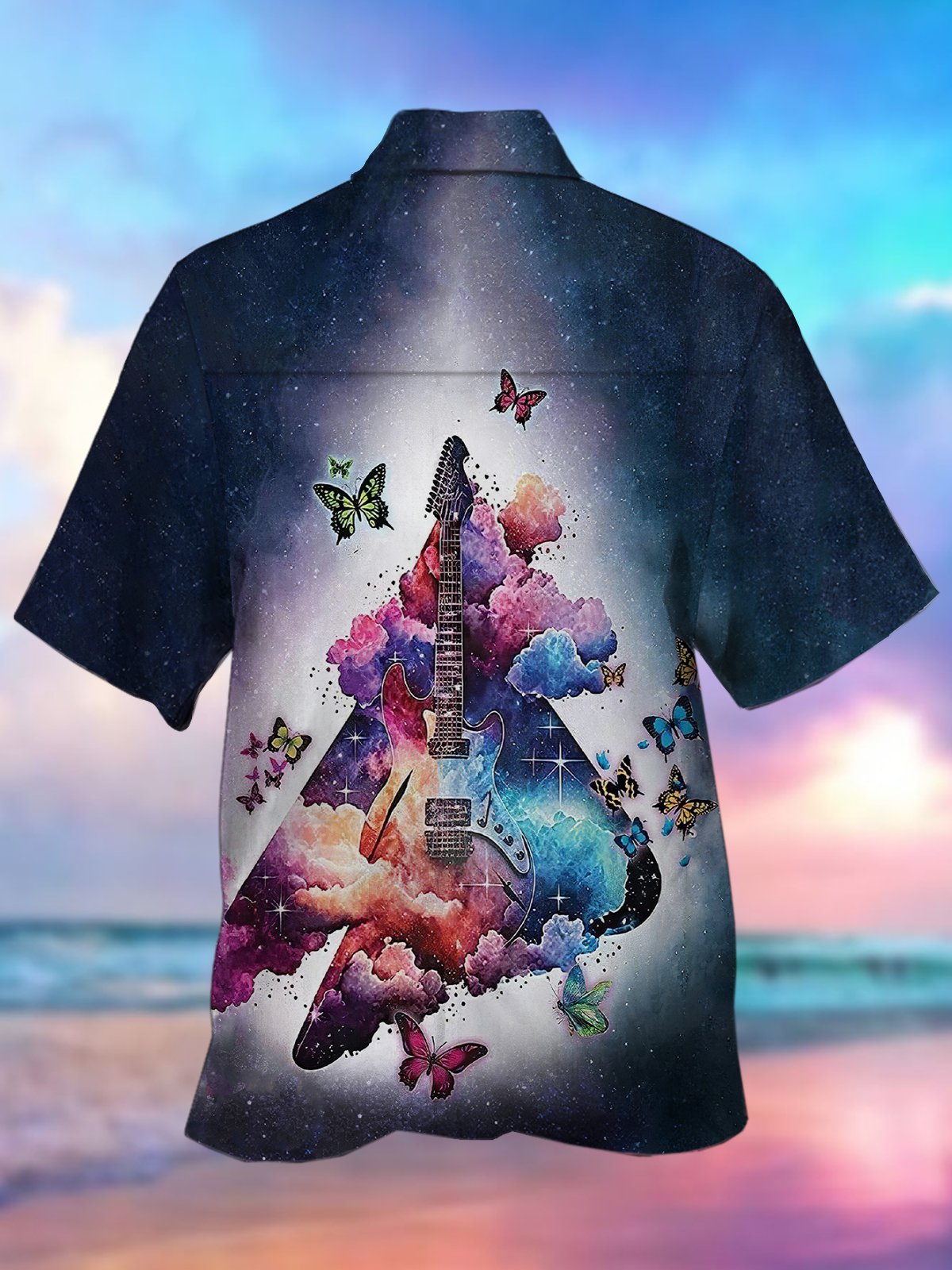 JoyMitty Gradient Guitar Butterfly Print Beach Men's Hawaiian Oversized Shirt