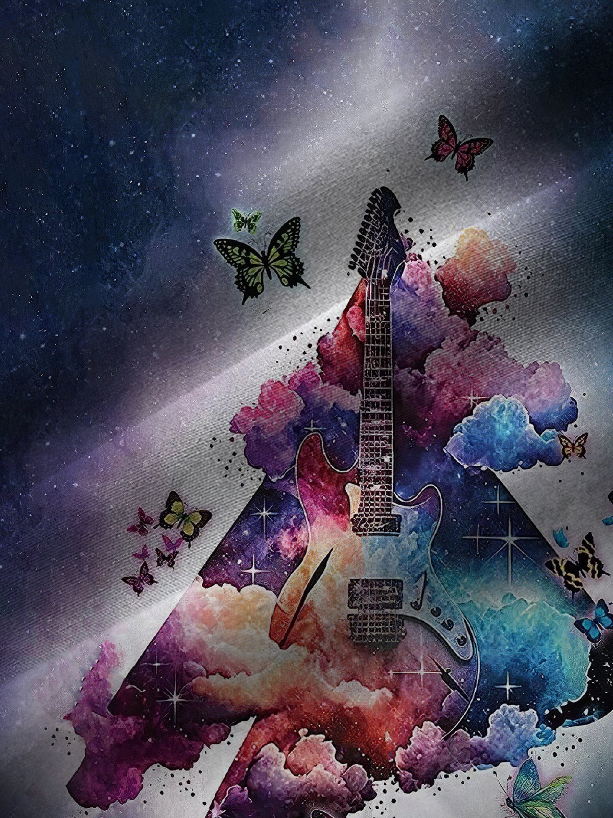 JoyMitty Gradient Guitar Butterfly Print Beach Men's Hawaiian Oversized Shirt
