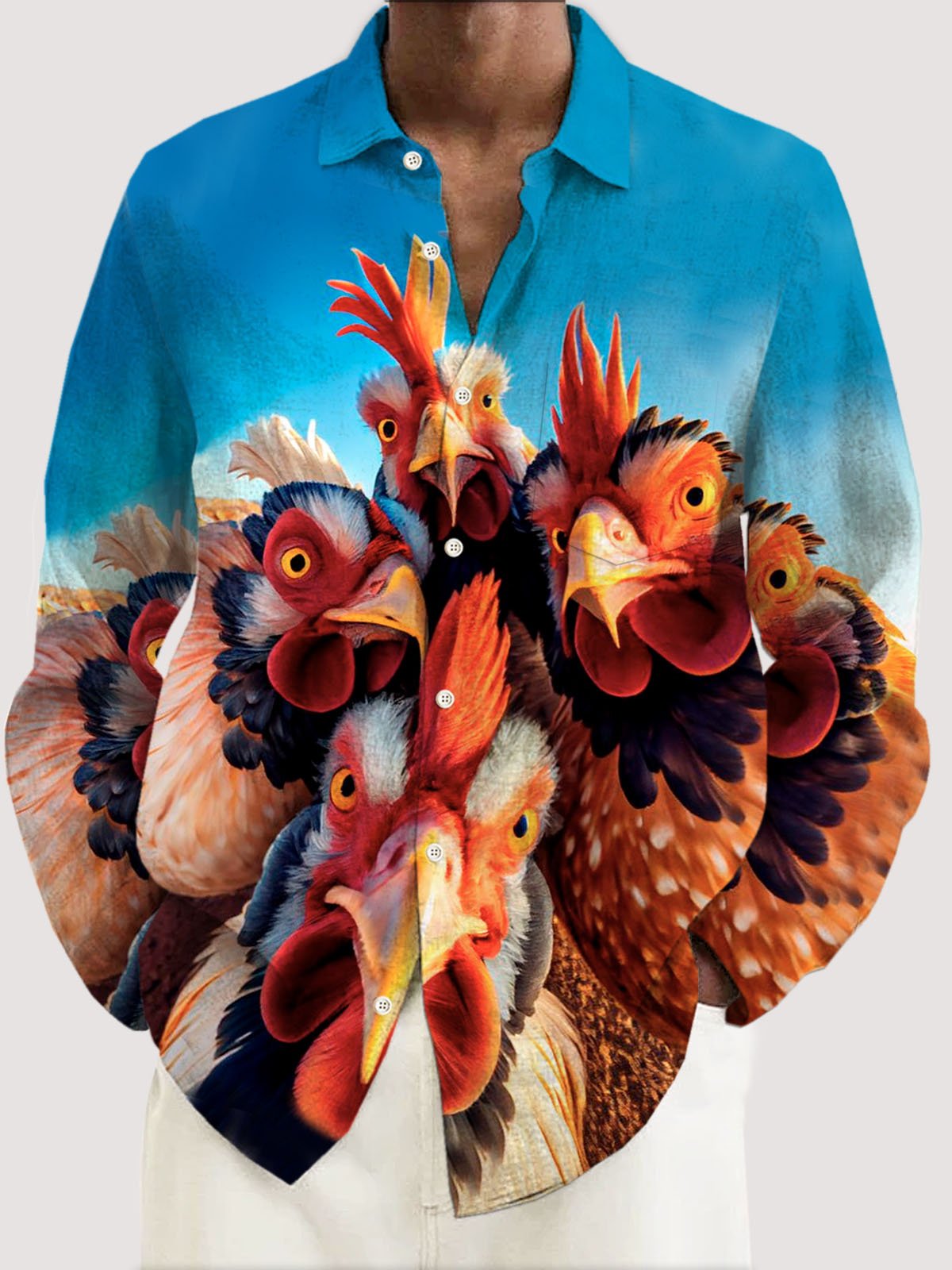 JoyMitty Vintage Rooster Gradient Men's Button Pocket Long Sleeve Shirt