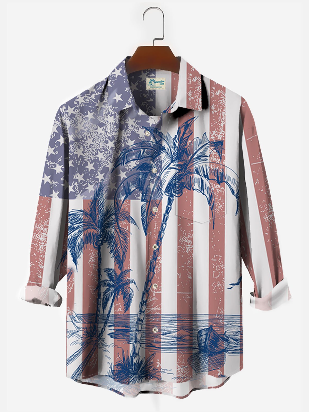 JoyMitty Hawaiian Coconut Tree Flag Print Men's Button Pocket Long Sleeve Shirt