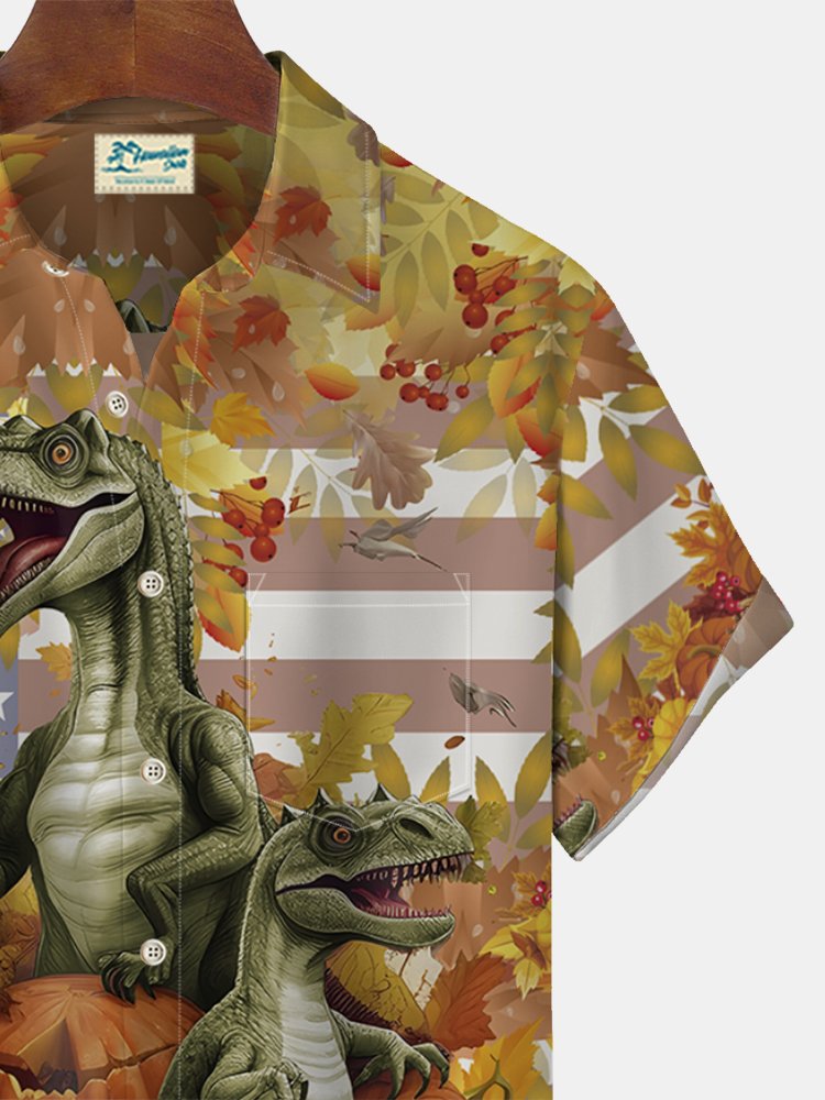 JoyMitty Halloween Pumpkin Dinosaur Men's Hawaiian Oversized Shirt with Pockets