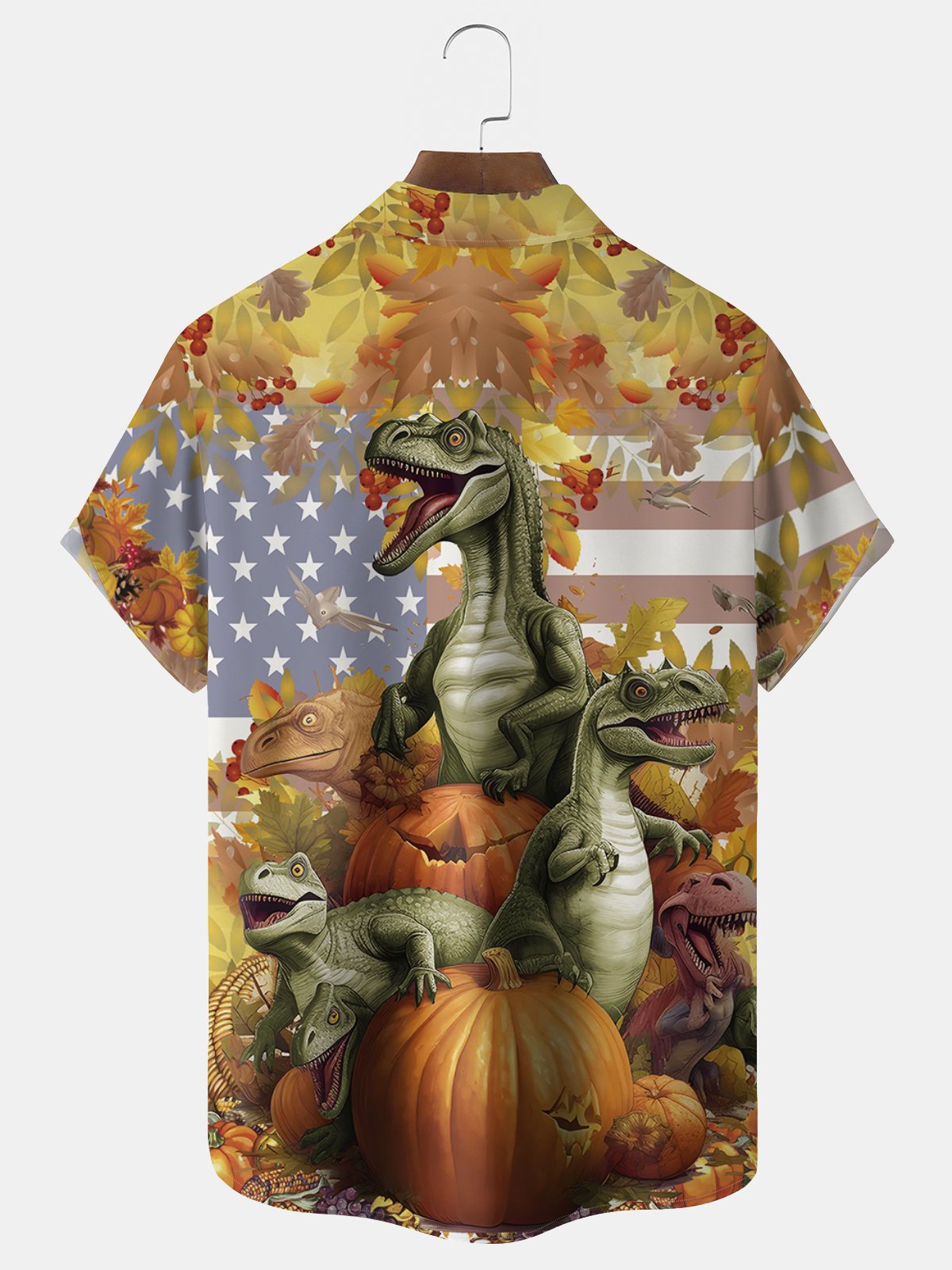 JoyMitty Halloween Pumpkin Dinosaur Men's Hawaiian Oversized Shirt with Pockets