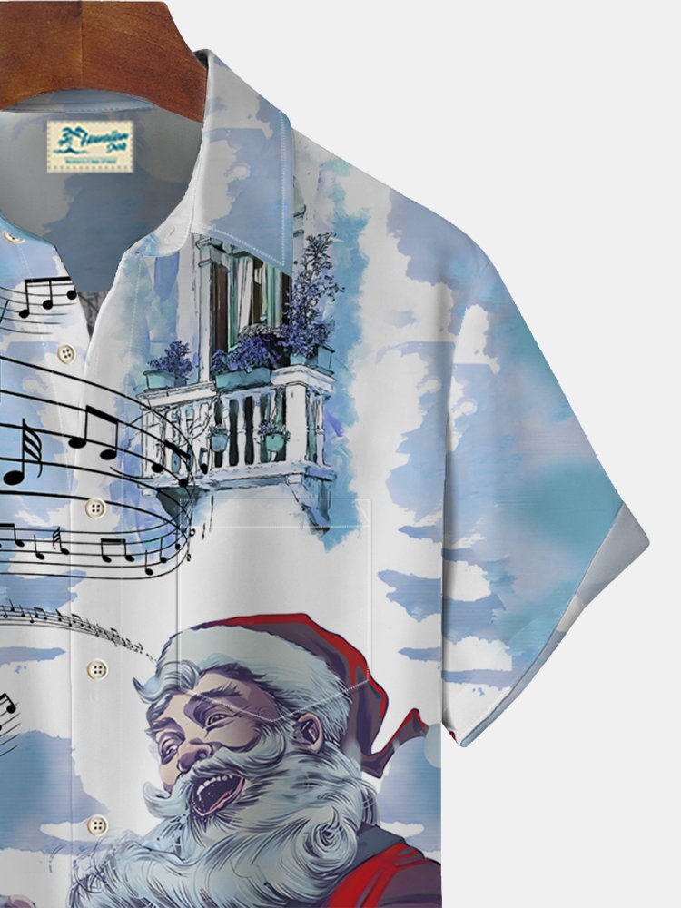 Musical Note Santa Print  Men's Hawaiian Oversized Shirt with Pockets