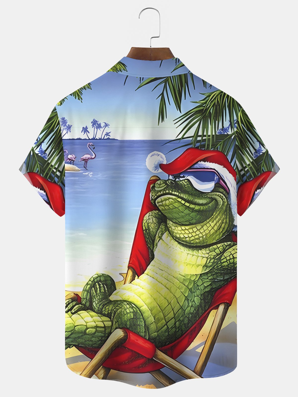 Funny Crocodile Christmas Print Beach Men's Hawaiian Oversized Short Sleeve Shirt with Pockets