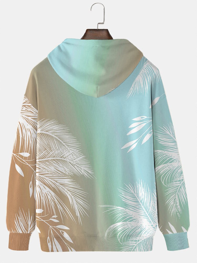 JoyMitty Hawaiian Floral Ombre Print Drawstring Plus Size Men's Insulated Long Sleeve Hoodie