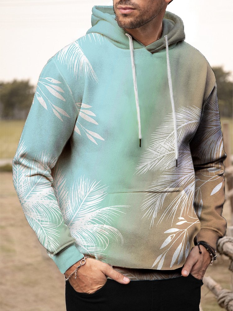 JoyMitty Hawaiian Floral Ombre Print Drawstring Plus Size Men's Insulated Long Sleeve Hoodie