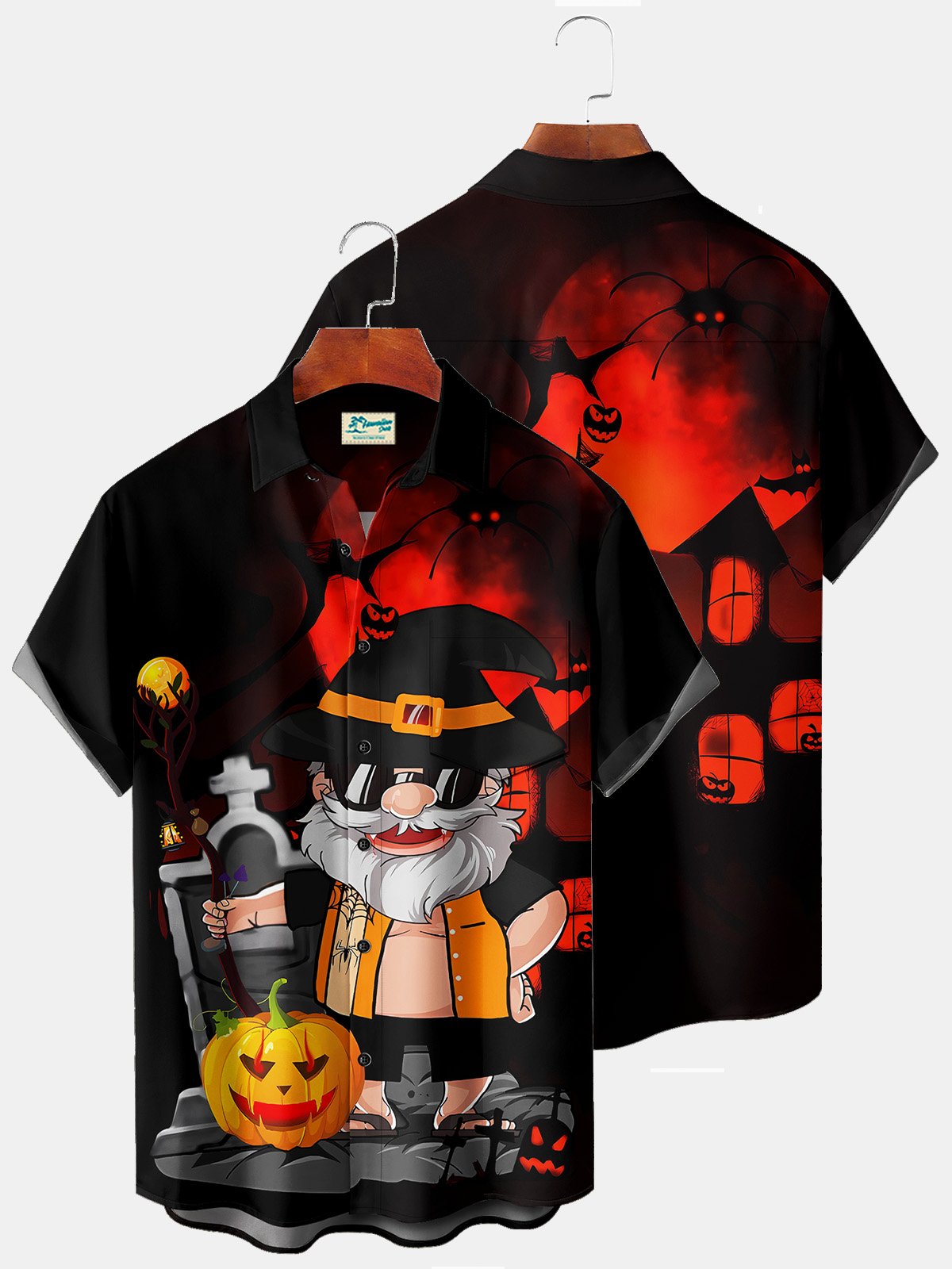 JoyMitty Holiday Casual Halloween Black Men's Shirts Coconut Tree Pumpkin Castle Stretch Aloha Camp Pocket Shirts