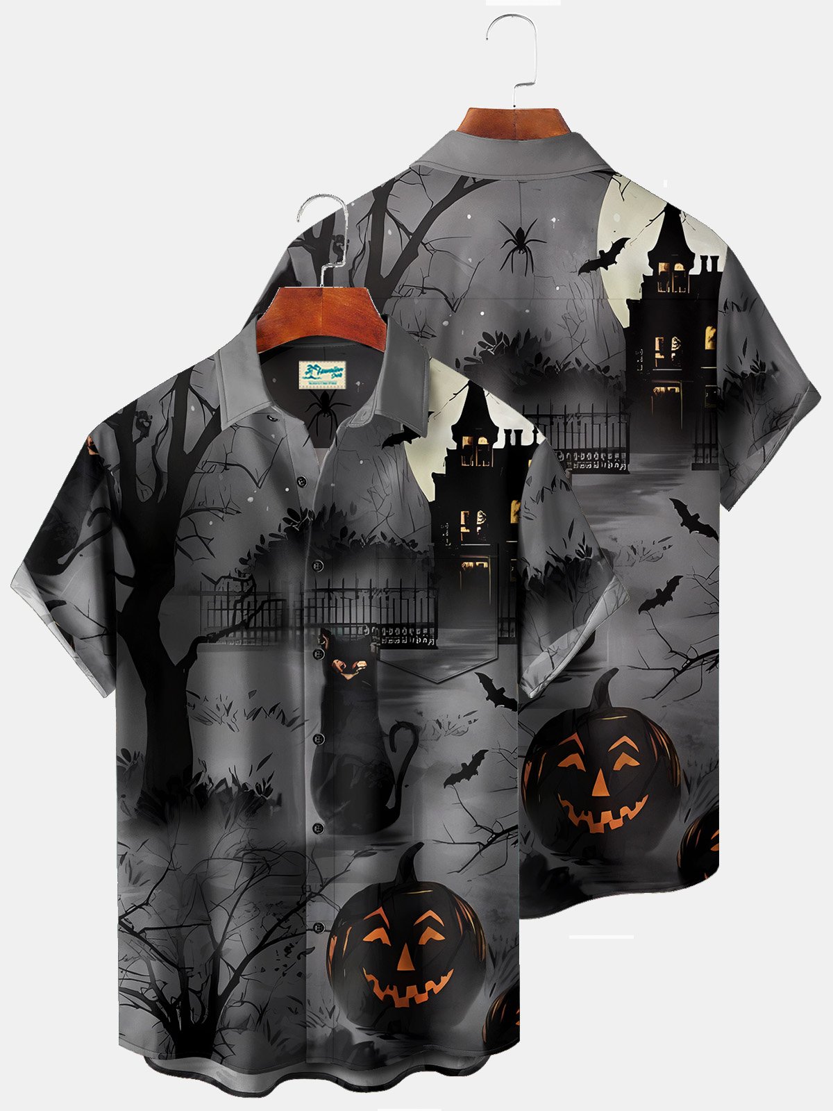 Vintage Halloween Holiday Men's Shirt Castle Black Cat Pumpkin Cartoon Ghost Art Stretch Plus Size Aloha Camp Shirts