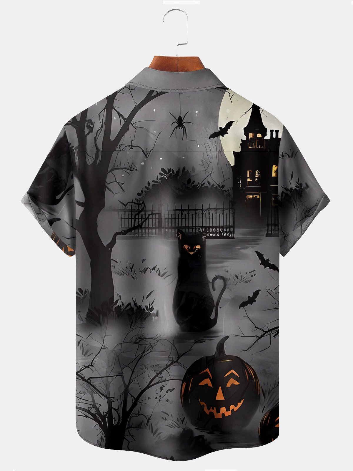 Vintage Halloween Holiday Men's Shirt Castle Black Cat Pumpkin Cartoon Ghost Art Stretch Plus Size Aloha Camp Shirts