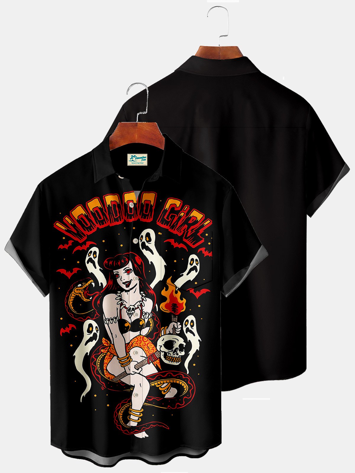 JoyMitty Vintage Halloween Holiday Men's Shirts Cartoon Witch Ghost Pinup Girl Art Stretch Plus Size Aloha Camp Shirts