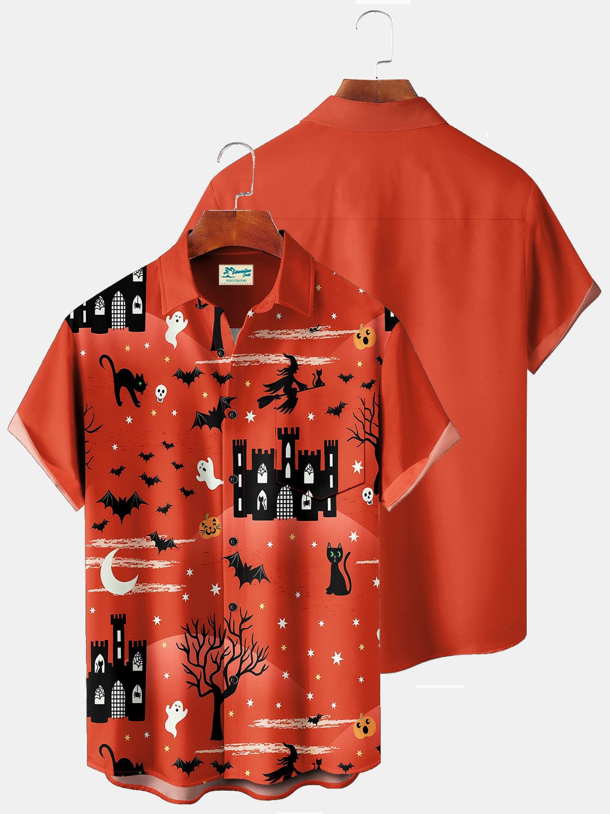 JoyMitty Vintage Halloween Holiday Men's Shirts Cartoon Bat Witch Art Stretch Plus Size Aloha Camp Shirts