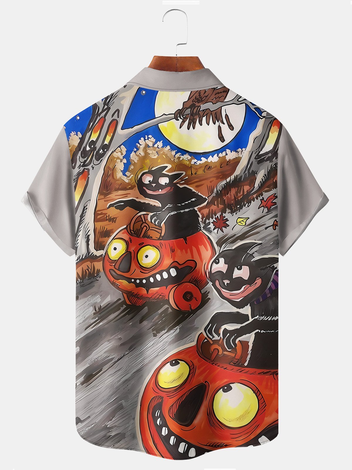 JoyMitty Men's Casual Halloween Camp Shirts Festival Cartoon Witch Pumpkin Stretch Plus Size Aloha Hawaiian Shirts