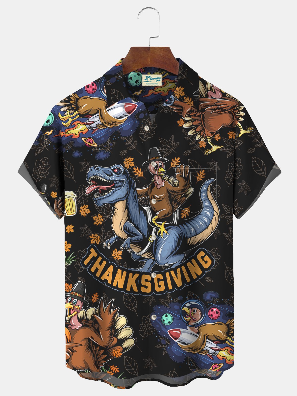 Vintage Thanksgiving Turkey Print Beach Men's Hawaiian Oversized Short Sleeve Shirt with Pockets