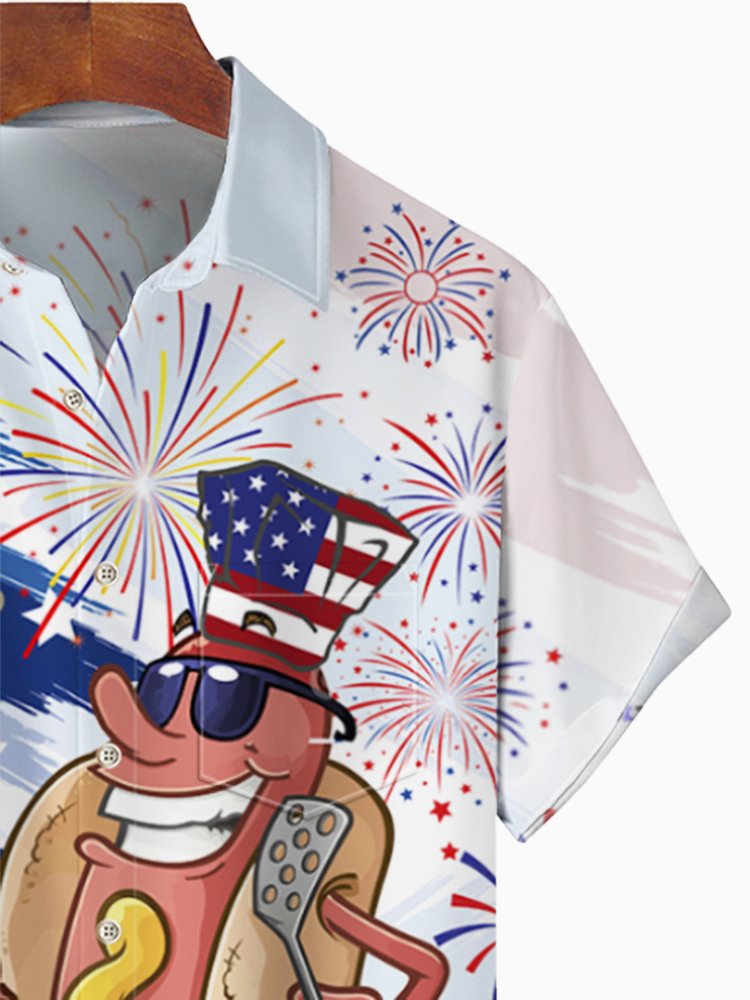 JoyMitty BBQ Sausage Flag Print  Men's Hawaiian Oversized Shirt with Pockets