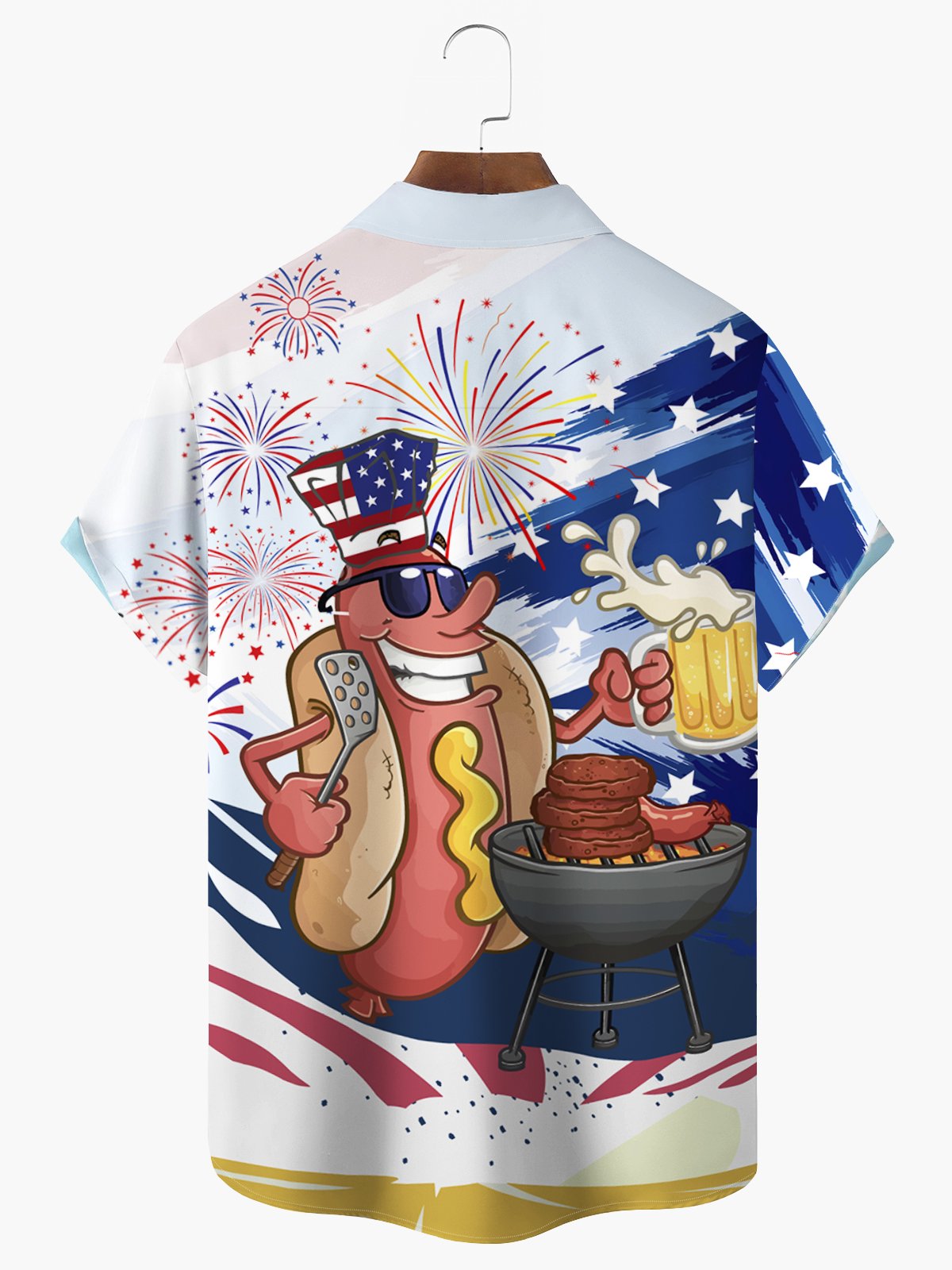 JoyMitty BBQ Sausage Flag Print  Men's Hawaiian Oversized Shirt with Pockets