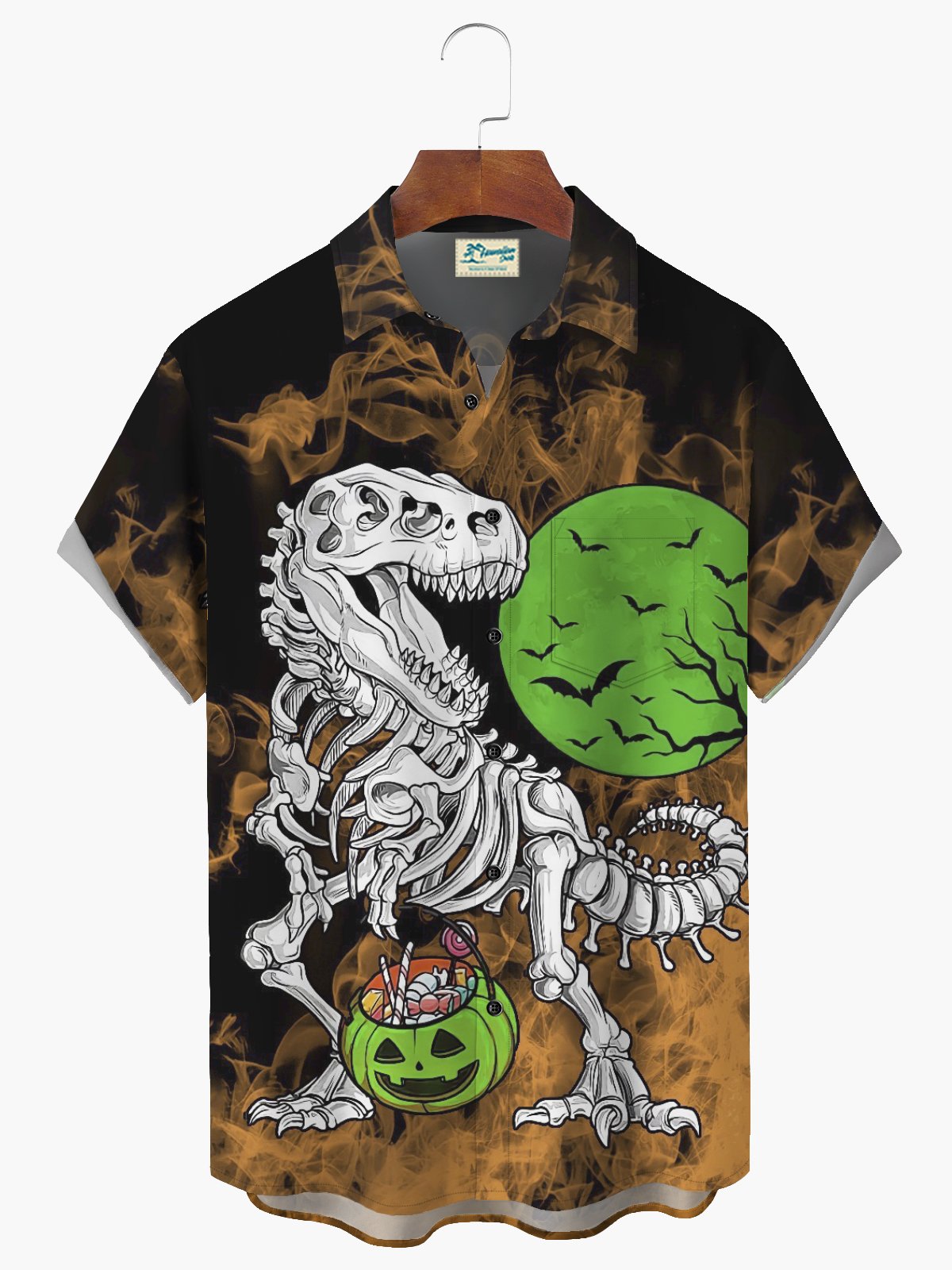 JoyMitty Halloween Dinosaur Print  Men's Hawaiian Oversized Shirt with Pockets
