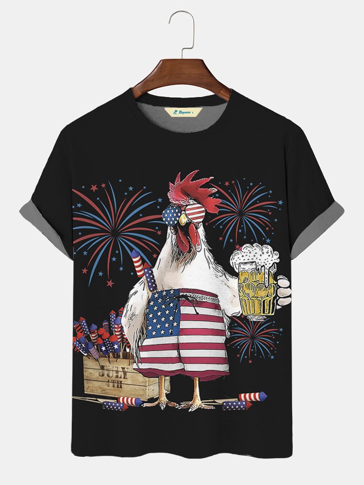JoyMitty American Flag Rooster Print Beach Men's Hawaiian Oversized Short Sleeve T-Shirt