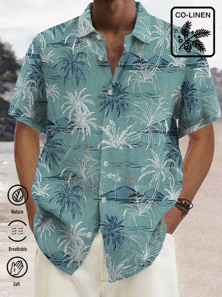 JoyMitty Nature  Fiber Hawaiian Coconut Tree Blue Print Chest Bag Shirt Plus Size Holiday Shirt