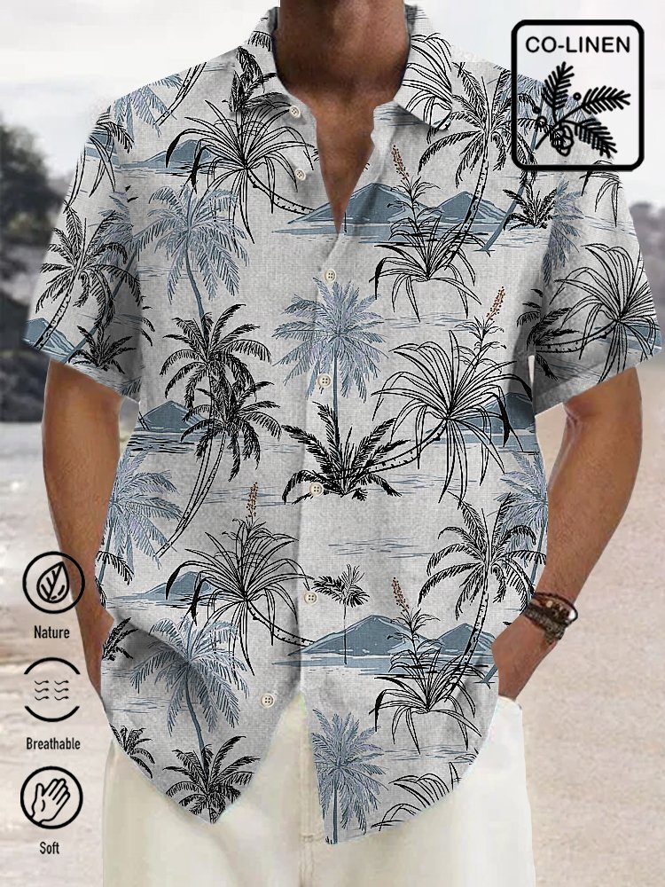 JoyMitty Nature  Fiber Hawaiian Coconut Tree Blue Print Chest Bag Shirt Plus Size Holiday Shirt