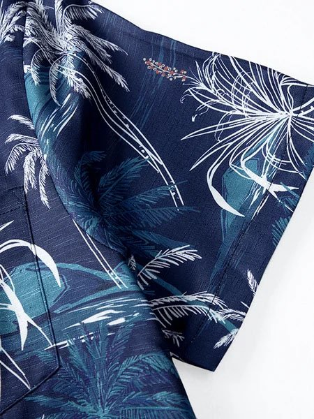 JoyMitty Nature  Fiber Hawaiian Coconut Tree Blue Print Chest Bag Shirt Plus Size Holiday Shirt