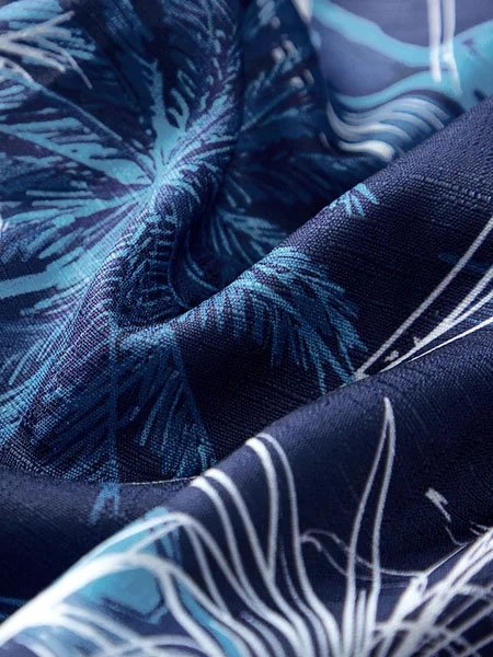 JoyMitty Nature  Fiber Hawaiian Coconut Tree Blue Print Chest Bag Shirt Plus Size Holiday Shirt