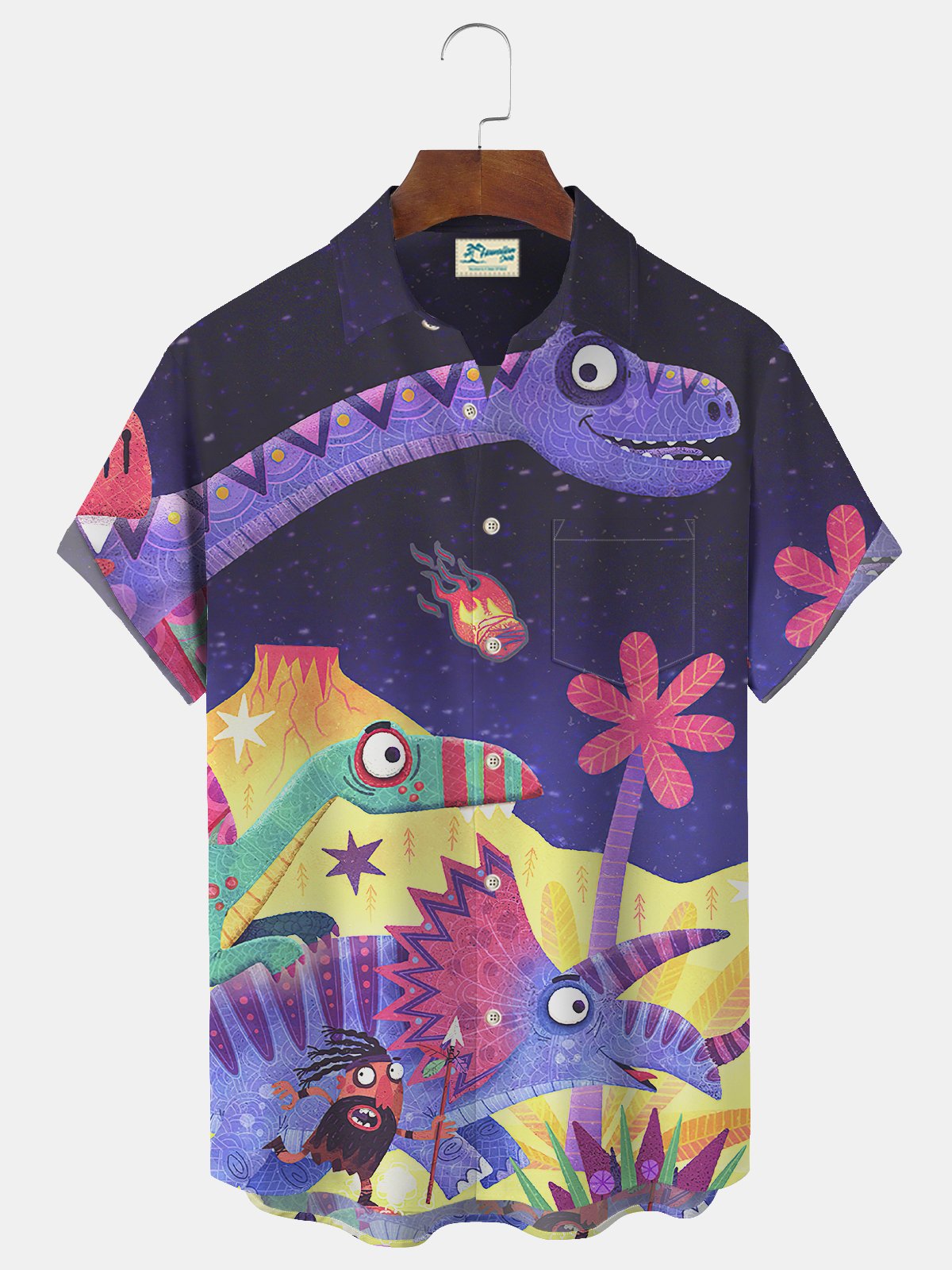 JoyMitty Dinosaur Cartoon Print Beach Men's Hawaiian Oversized Short Sleeve Shirt with Pockets