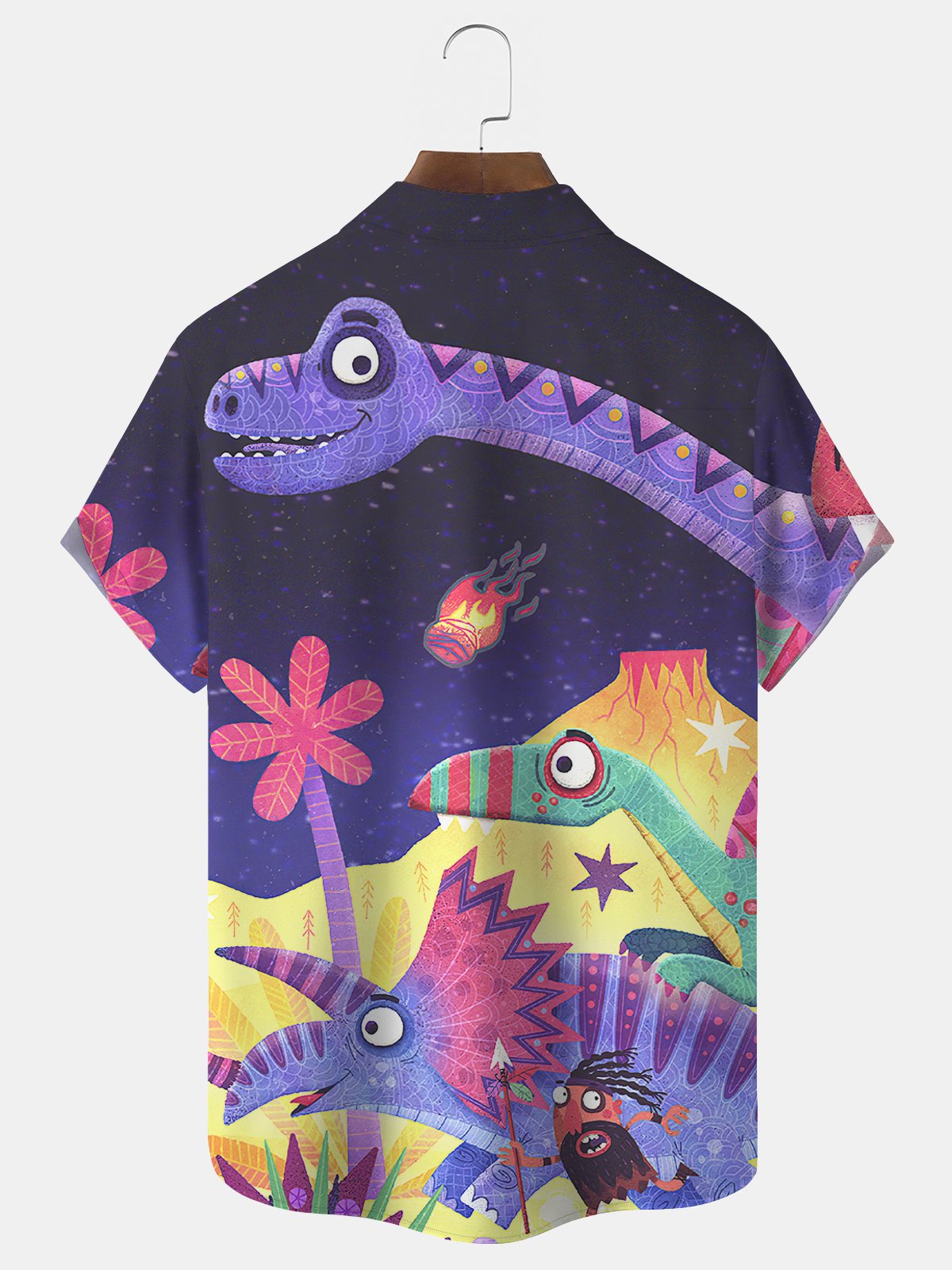 JoyMitty Dinosaur Cartoon Print Beach Men's Hawaiian Oversized Short Sleeve Shirt with Pockets