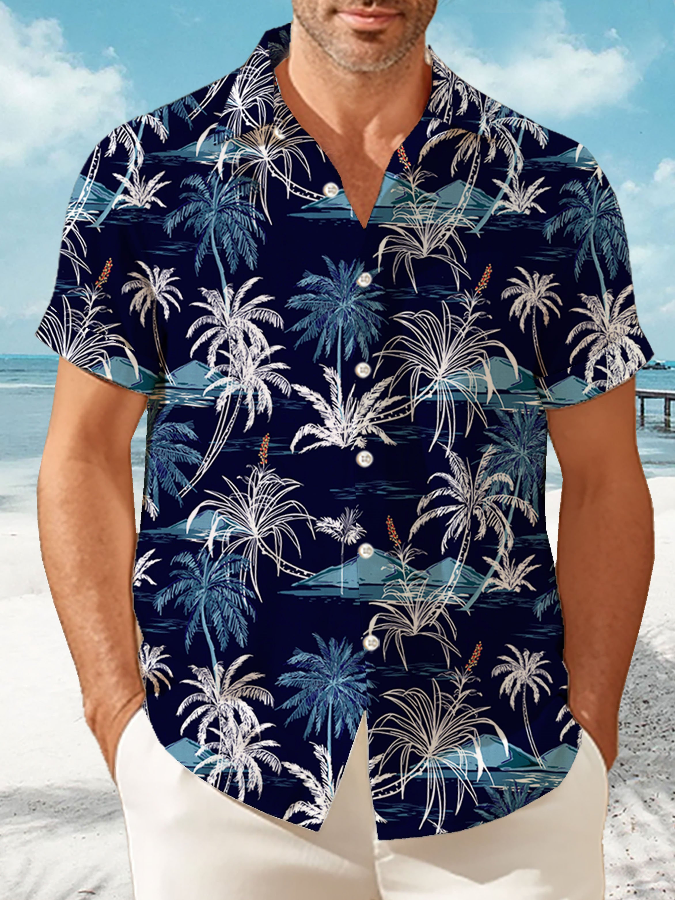 JoyMitty Nature  Fiber Hawaiian Coconut Tree Blue Print Chest Bag Shirt Plus Size Holiday Shirt